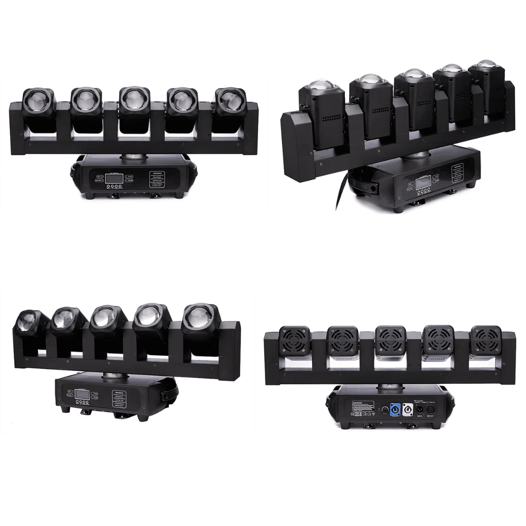 Five head RGBW beam light producing coloured stage beams