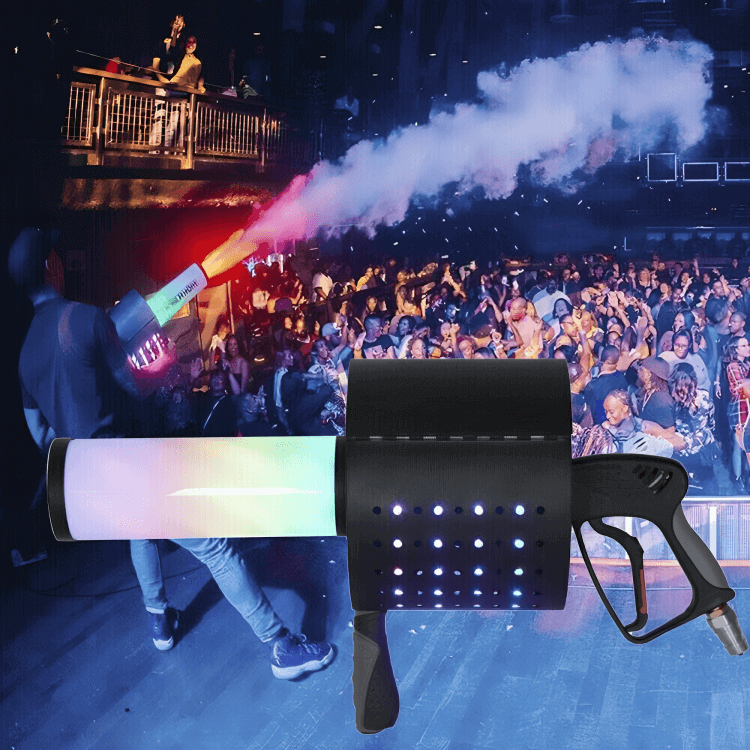 Handheld CO2 confetti cannon with seven colour LEDs