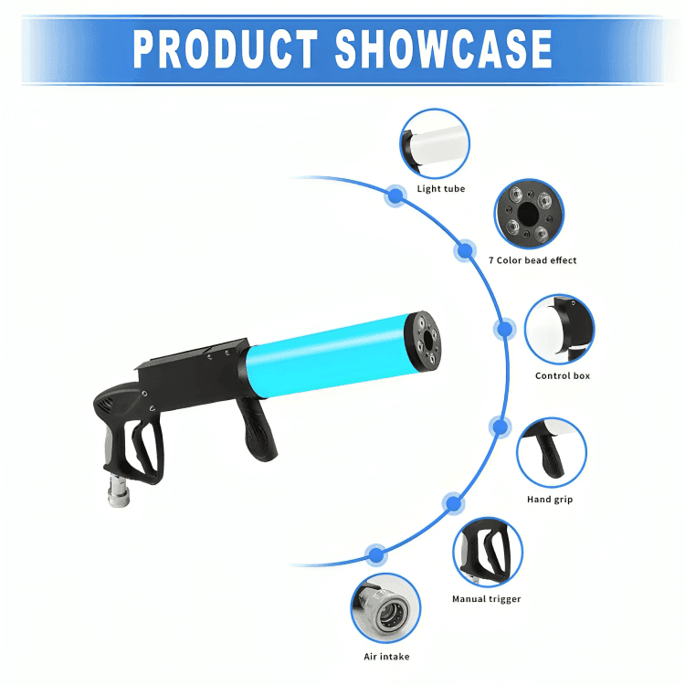 LED CO2 jet gun producing coloured stage plume